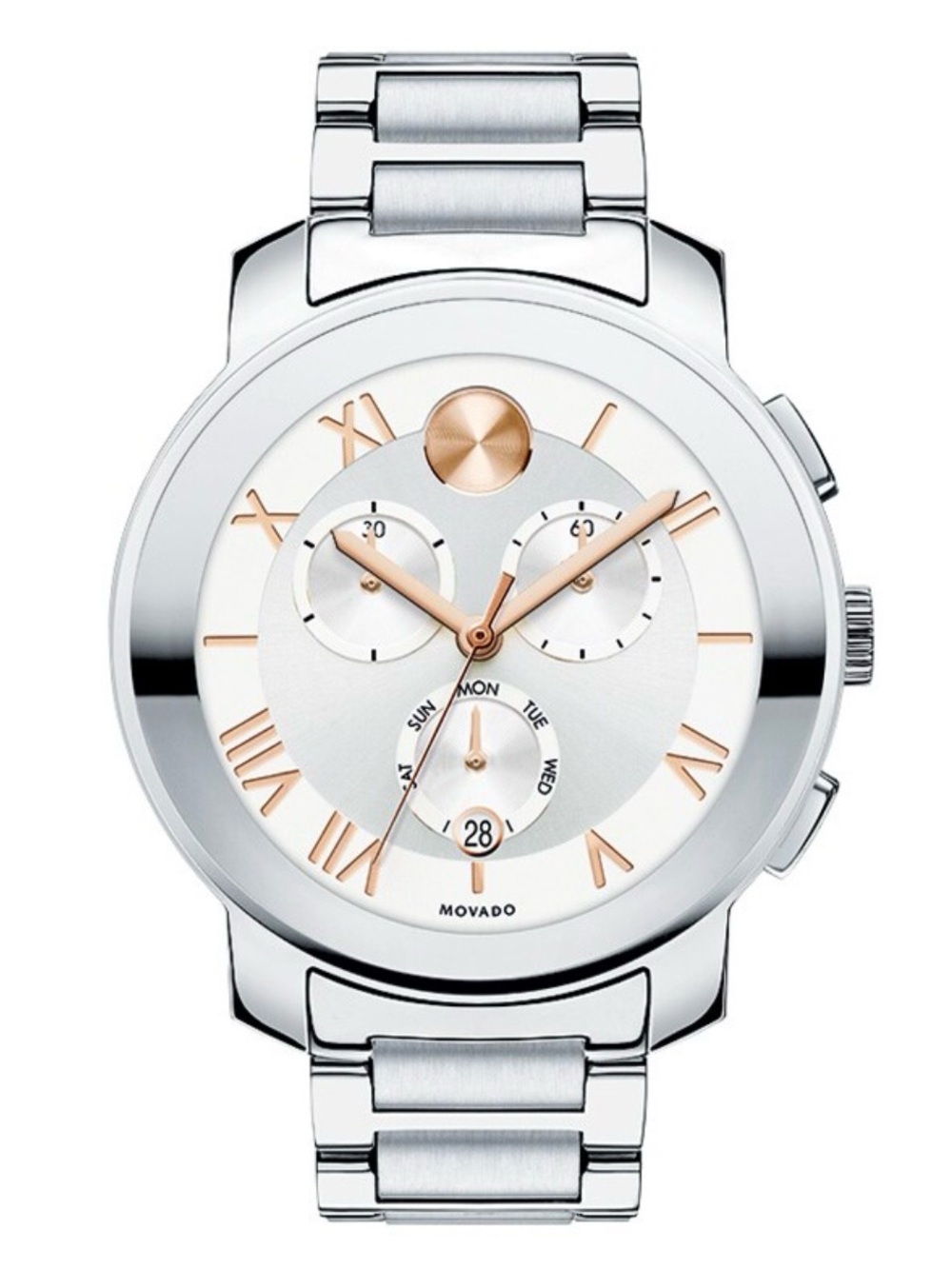 Movado Men’s Silver and Rose Gold-Tone Chronograph Bracelet Watch